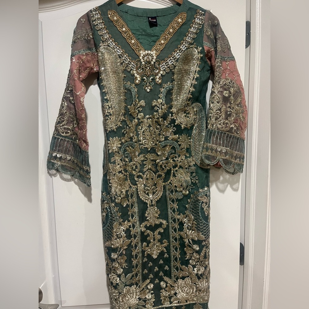 Green and Gold Pakistani Pant Dress